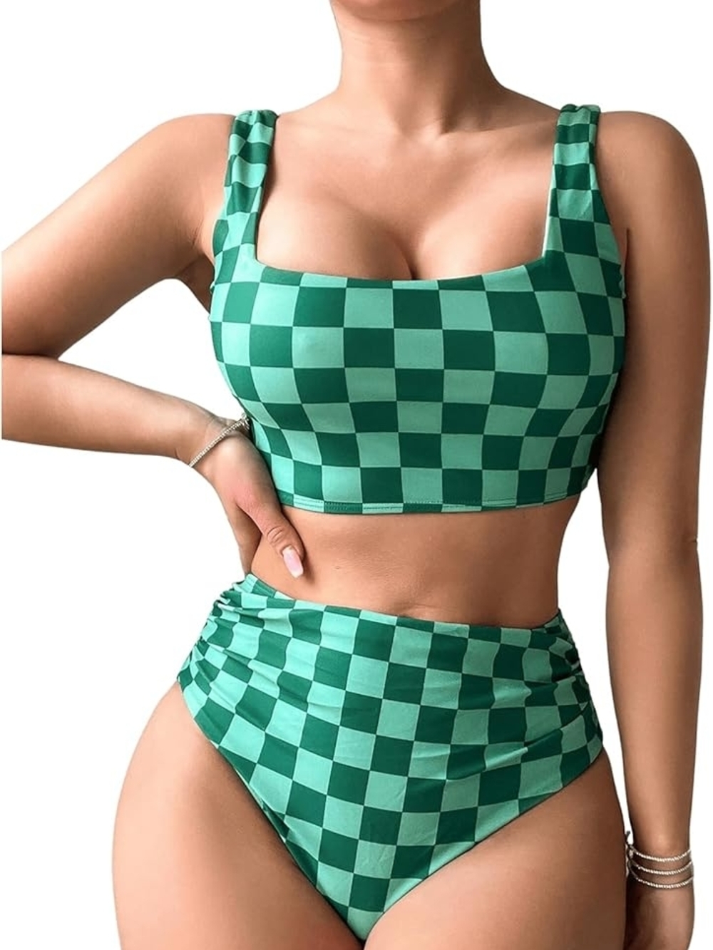 Verdusa Women's Plaid Print High Waisted Bikini Sets Two Piece Swim Sz MEDIUM